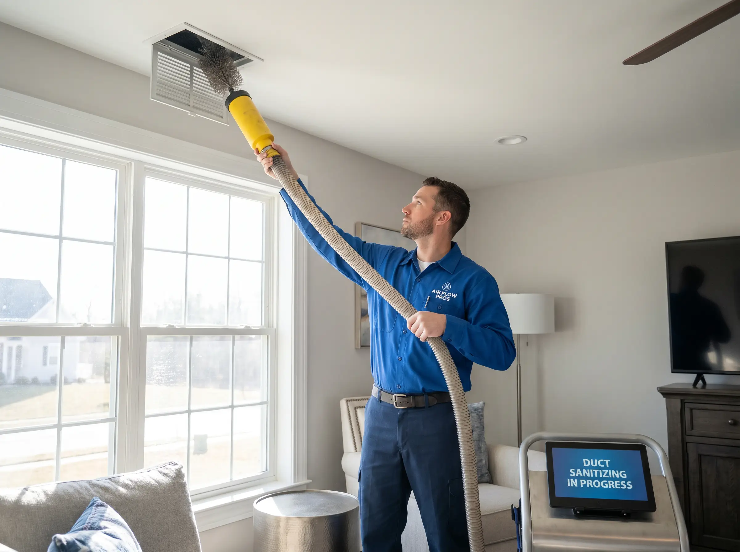 Technician cleaning residential air duct