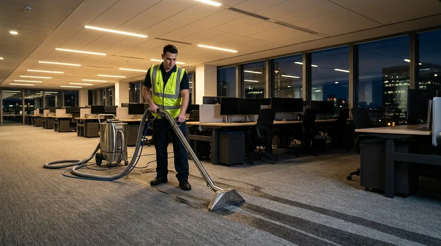 Technician extracting commercial carpet in an empty open-plan Orange County office after hours