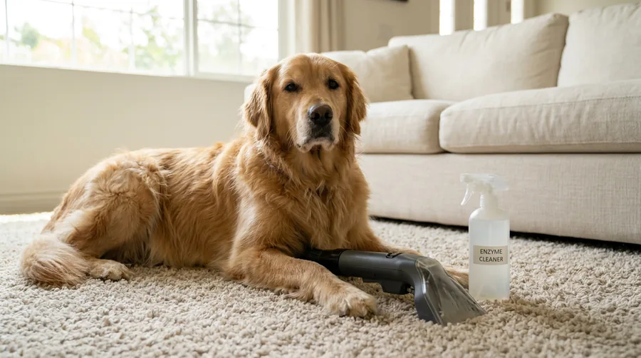 Dog resting on clean light carpet in an Orange County living room beside professional pet stain treatment equipment