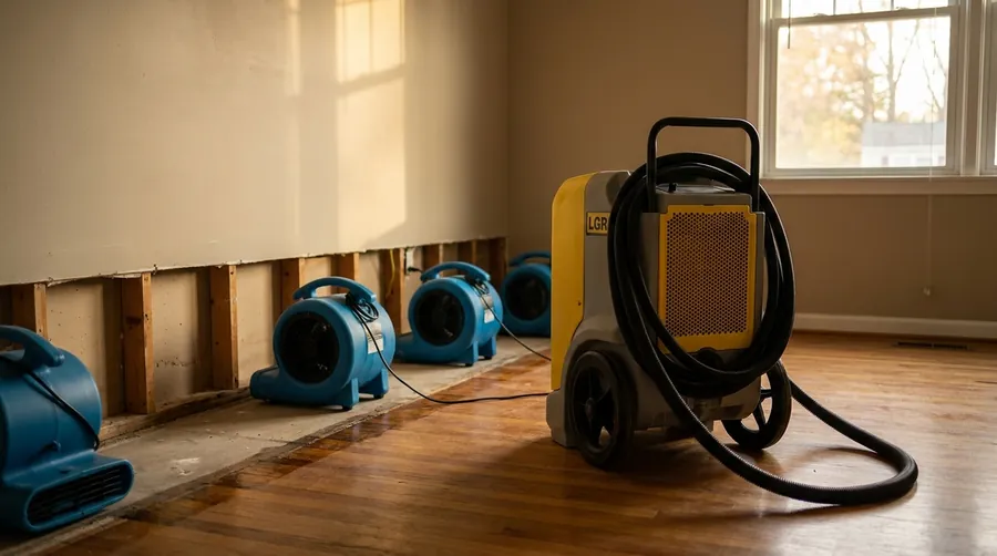 Commercial air movers and an LGR dehumidifier drying a water-damaged Orange County room
