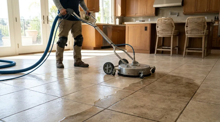 Rotary pressure and vacuum-recovery tool cleaning a tile floor in an Orange County kitchen